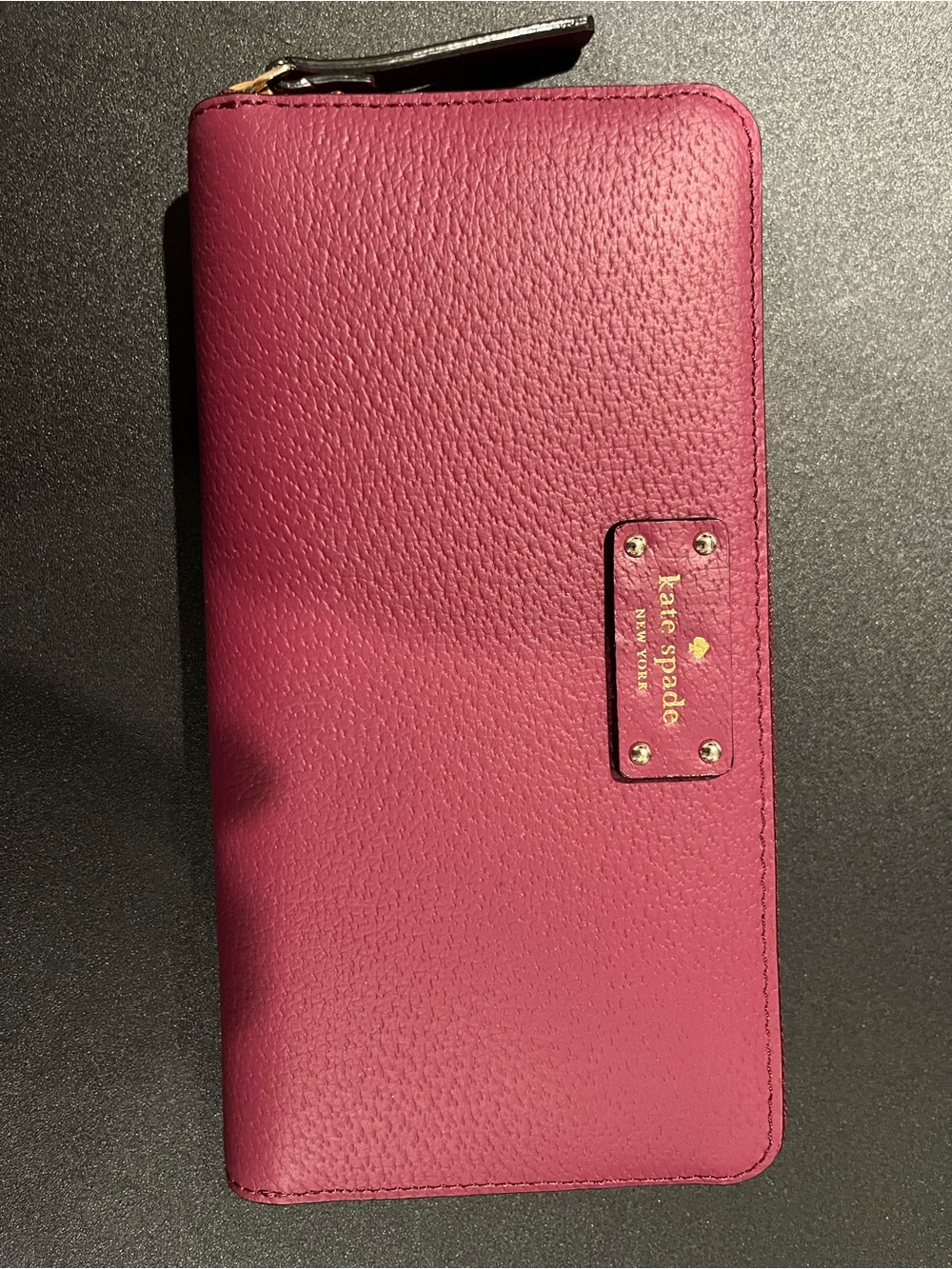 kate spade Magenta Pebbled Leather Zip Wallet with Gold Logo